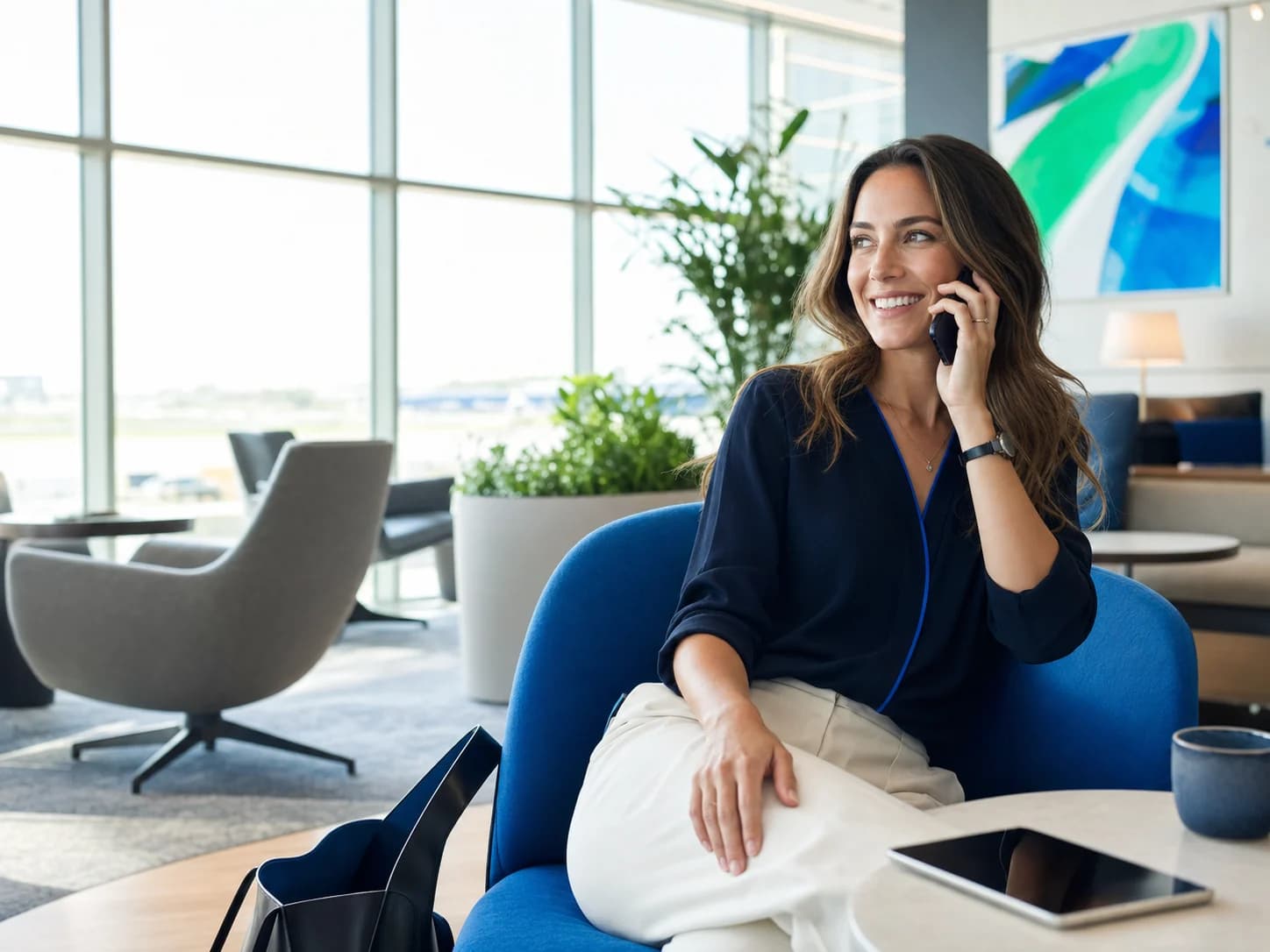 Traveler smiling during a phone call in a bright lounge