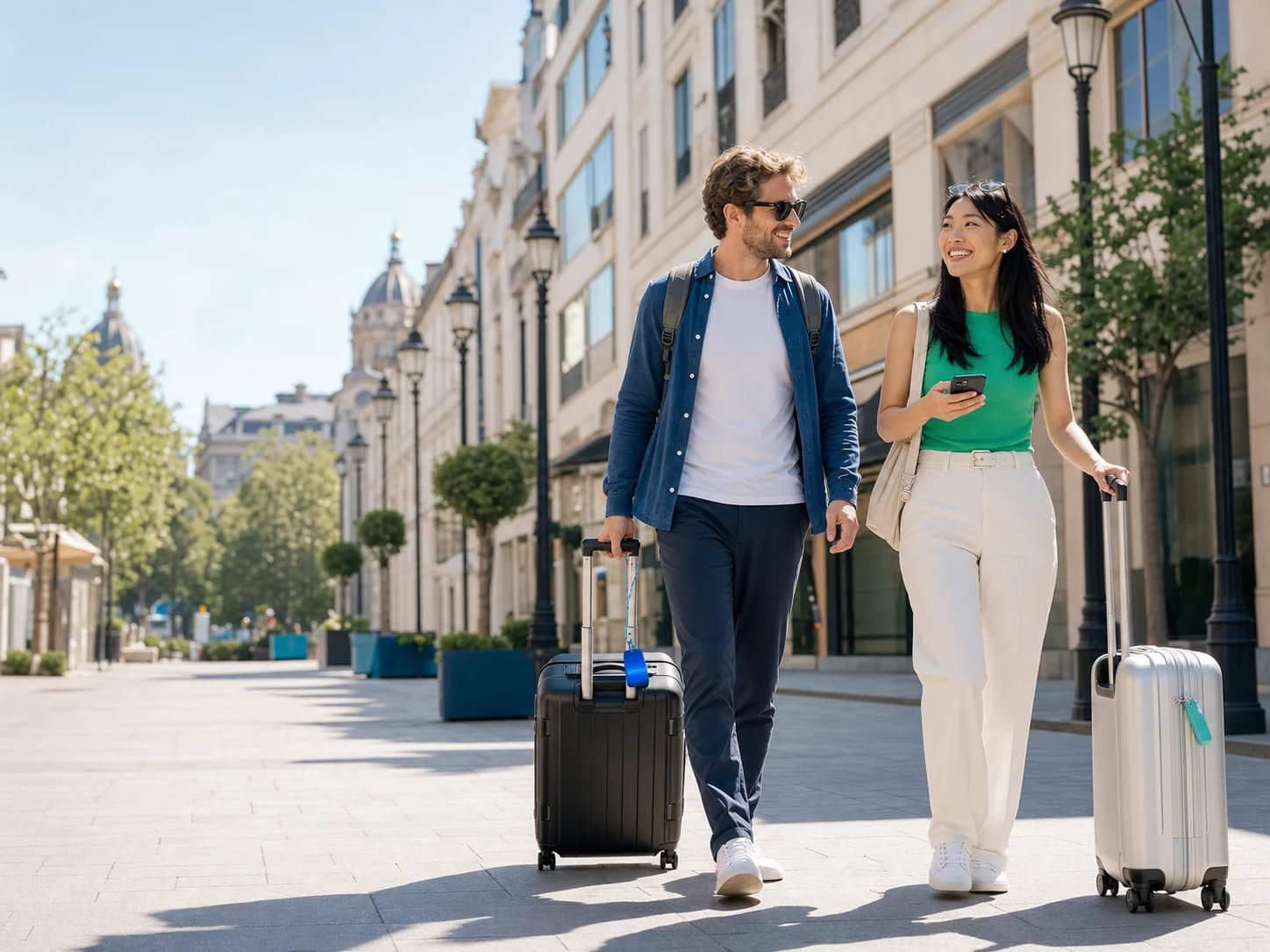 Travelers walking through a bright city with luggage and a phone