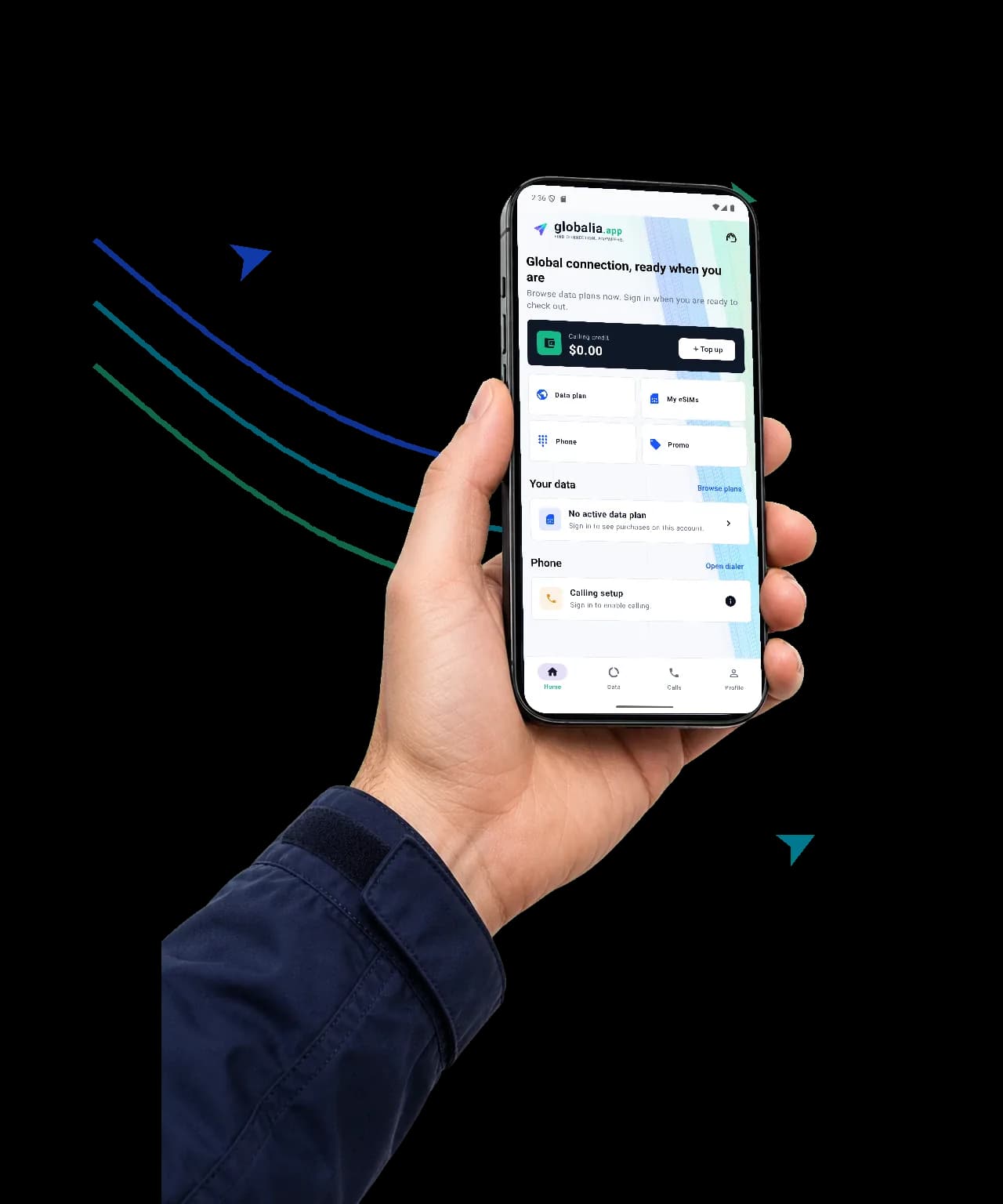 A hand holding a phone with the Globalia app showing mobile data plans