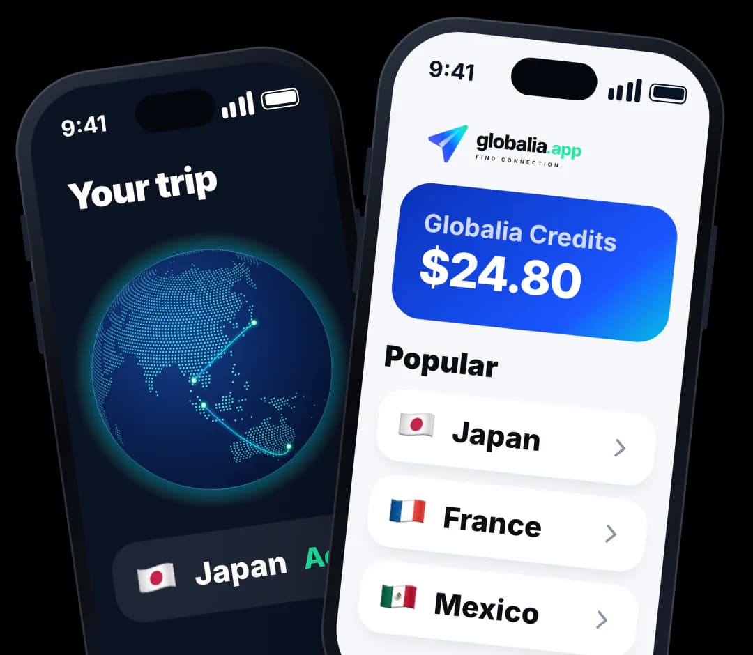 The Globalia app showing a trip to Japan, Globalia Credits and popular destinations