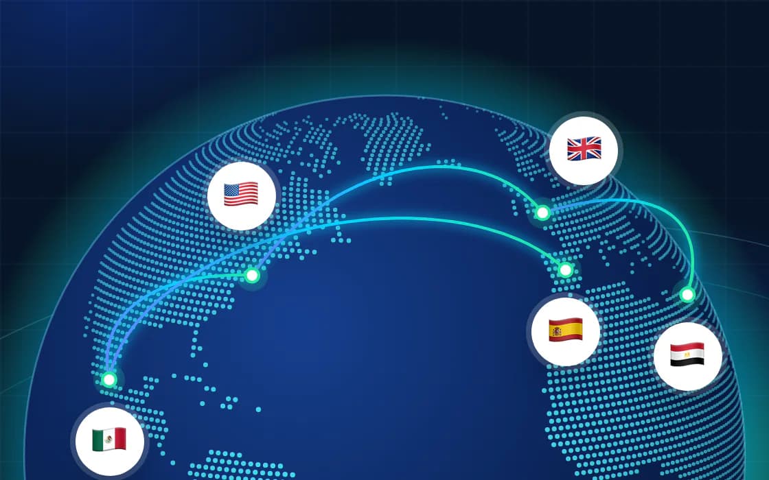 A globe with connections between the United States, Mexico, the United Kingdom, Spain and Egypt