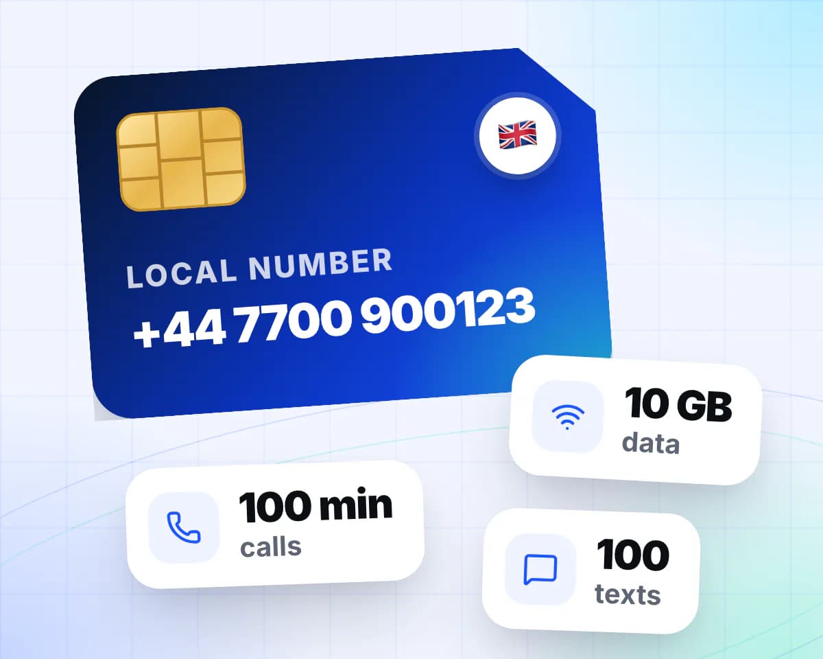 An eSIM with a United Kingdom number and 10 GB of data, 100 minutes and 100 texts