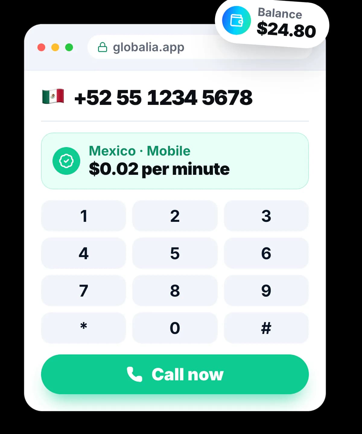The Globalia web dialer calling a Mexican mobile number, with the rate confirmed at two cents a minute